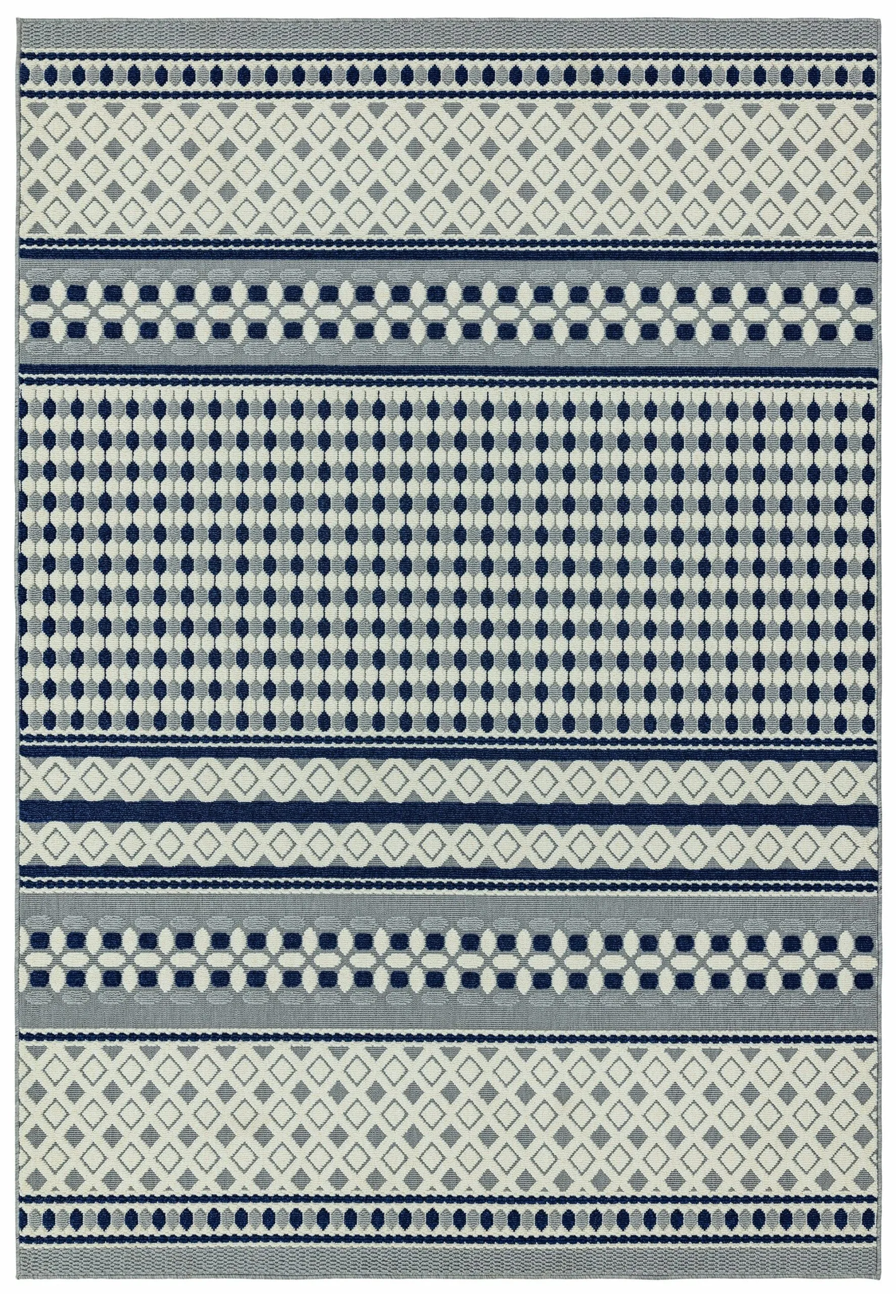 Covor albastru alb din polipropilena modern outdoor model geometric 3d Antibes Blue White Geometric 6 mm 200×290 cm ANTB200290AN06