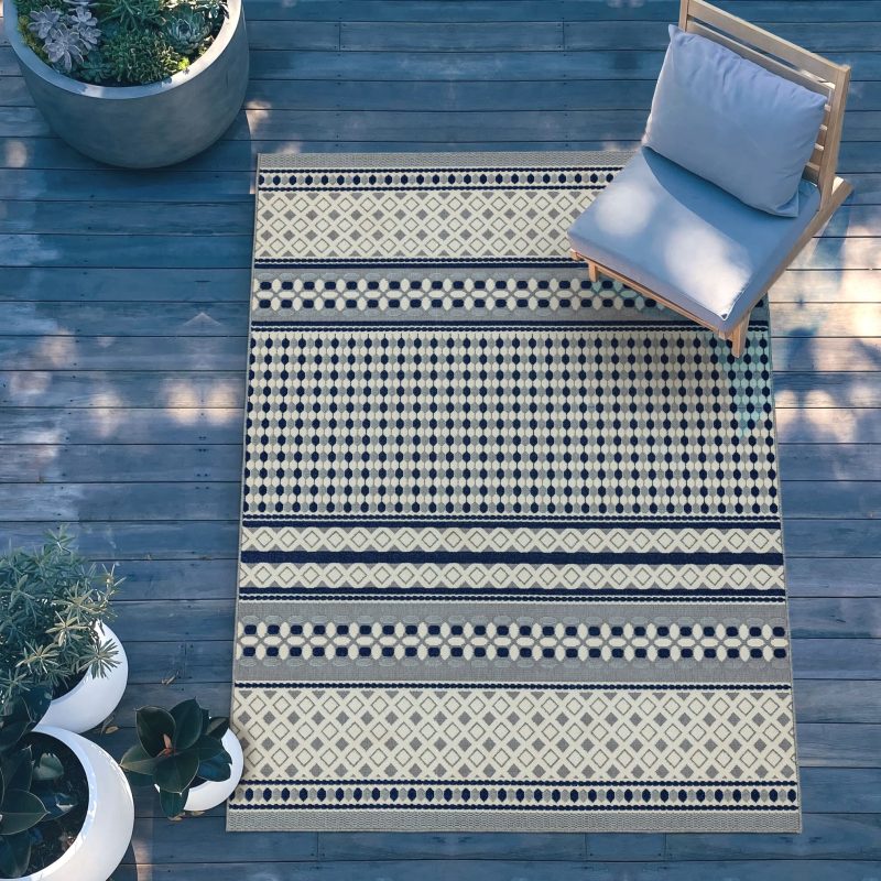 Covor albastru alb din polipropilena modern outdoor model geometric 3d Antibes Blue White Geometric 6 mm 120x170 cm ANTB120170AN06 - imagine 2