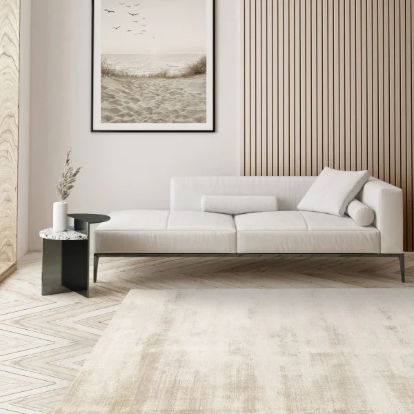 Covor pufos sand din viscoza lucrat manual modern model uni Aston Sand 8 mm 120x170 cm ASTO120170SAND