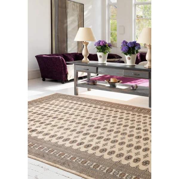 Covor bej din lana lucrat manual traditional model floral Bokhara Beige 7 mm 60x90 cm BOKR060090BEIG