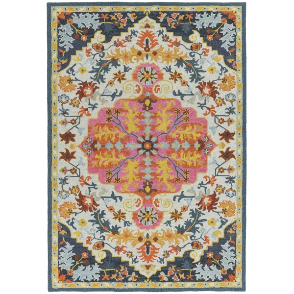 Covor pufos multicolor din lana lucrat manual traditional model floral Bronte Multi Medallion 9 mm 160x230 cm BROC160230MULT