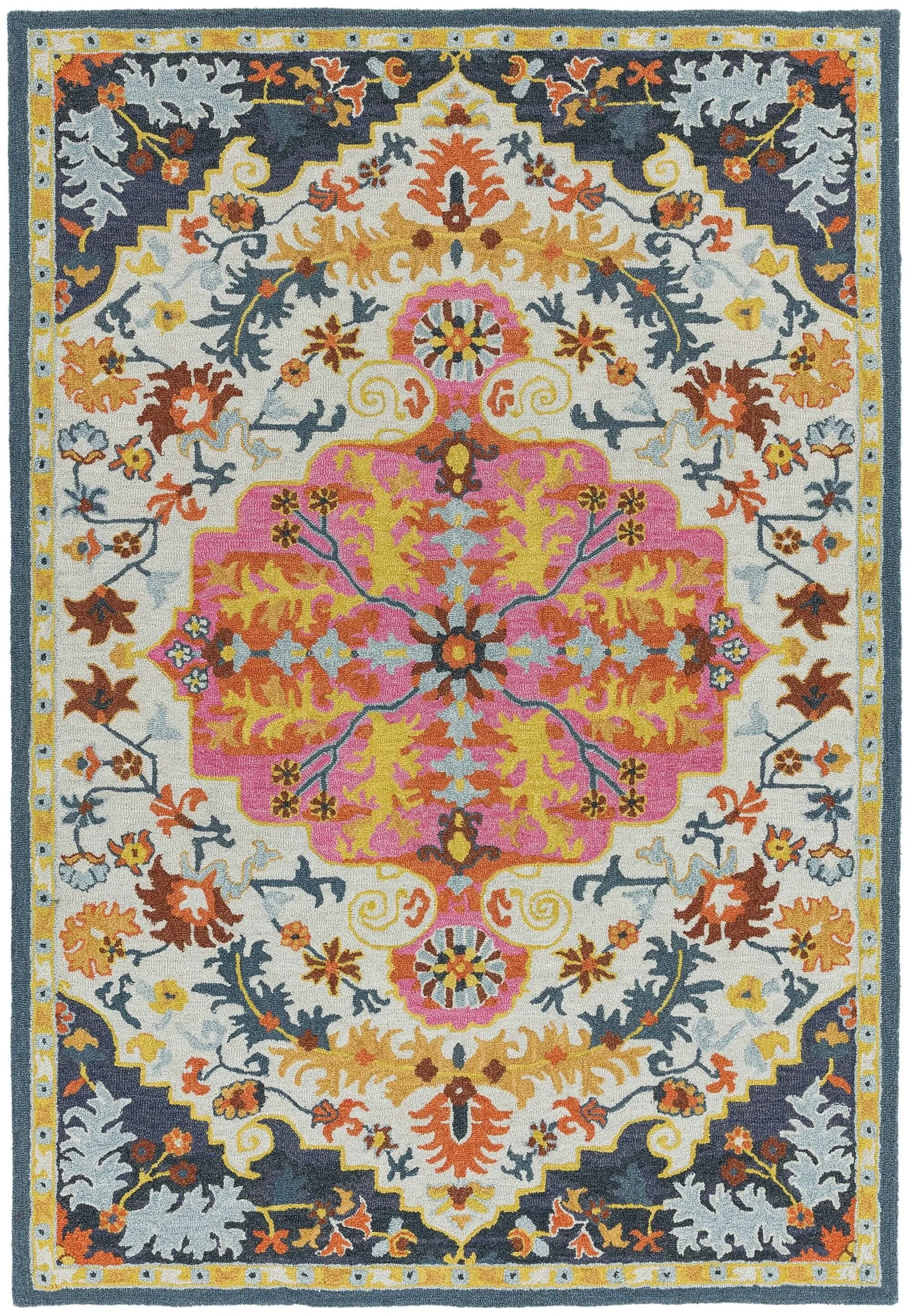 Covor pufos multicolor din lana lucrat manual traditional model floral Bronte Multi Medallion 9 mm 160×230 cm BROC160230MULT
