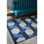 Covor albastru geometric, lână New Zealand, Camden Blue, 120x170 cm