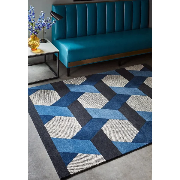 Covor albastru geometric, lână New Zealand, Camden Blue, 120x170 cm