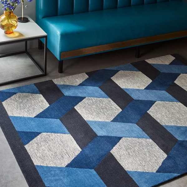 Covor albastru geometric, lână New Zealand, Camden Blue, 120x170 cm