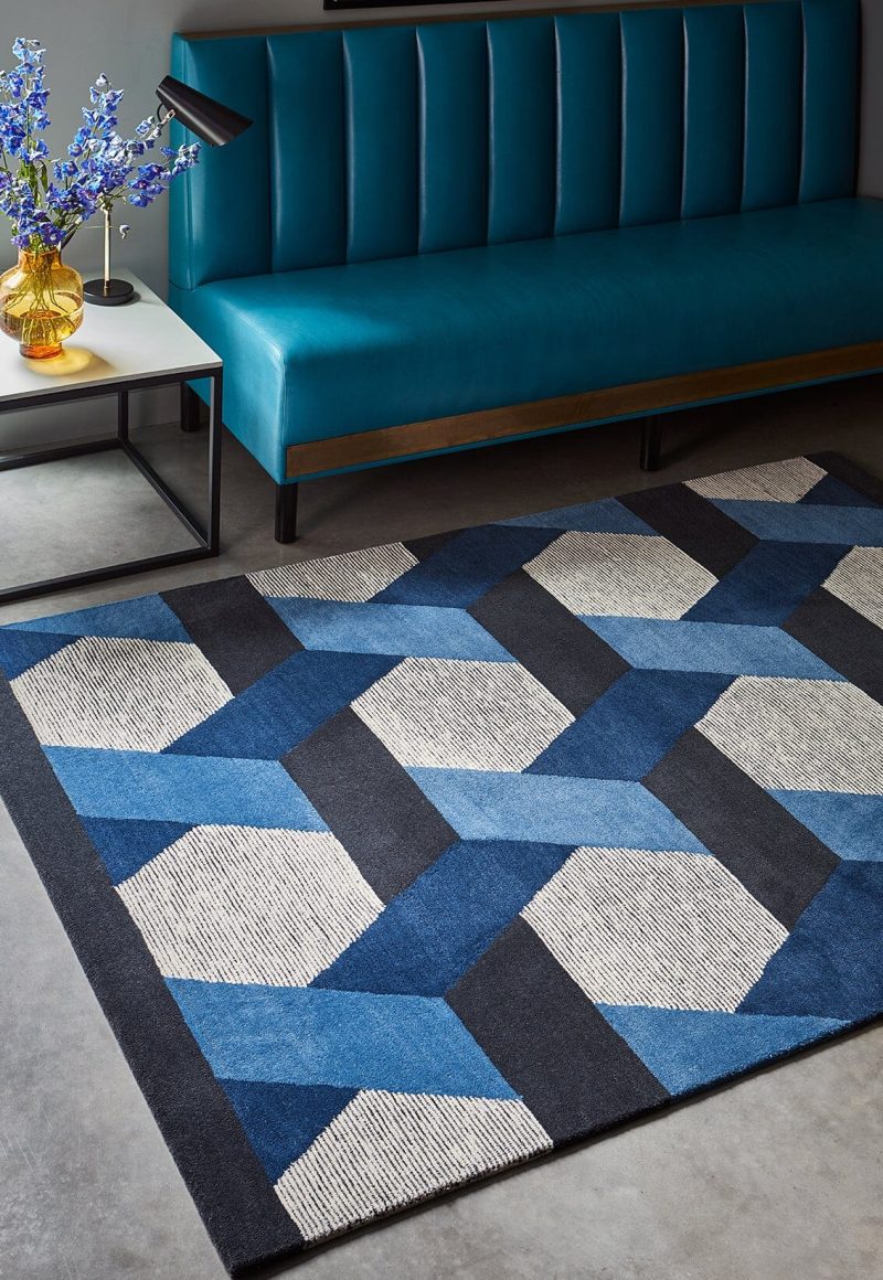 Covor albastru geometric, lână New Zealand, Camden Blue, 120x170 cm