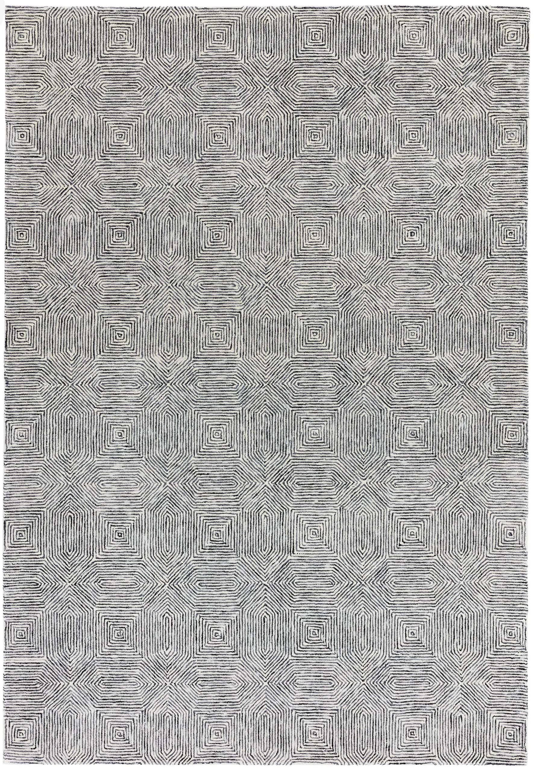 Covor negru alb din lana new zealand rayon lucrat manual modern model geometric Camden Black White 5 mm 200×300 cm CAMD200300BLAC
