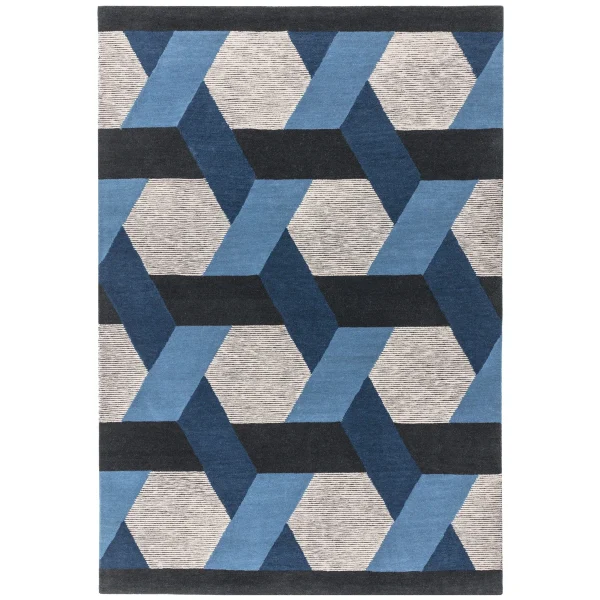 Covor albastru geometric, lână New Zealand, Camden Blue, 120x170 cm