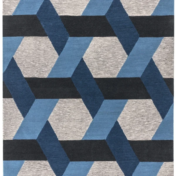 Covor albastru geometric, lână New Zealand, Camden Blue, 120x170 cm