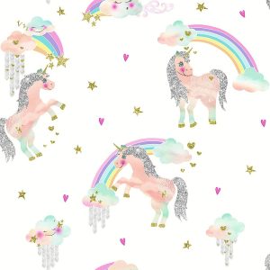 Tapet Arthouse Rainbow Unicorn White Kids color White 1005 mm x 53 cm