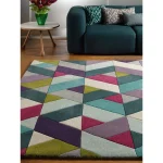 Covor albastru verde din lana noua zeelanda lucrat manual modern model geometric Funk Chevron Blue Green 11 mm 70x200 cm FUNK0702000002