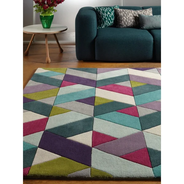 Covor albastru verde din lana noua zeelanda lucrat manual modern model geometric Funk Chevron Blue Green 11 mm 70x200 cm FUNK0702000002