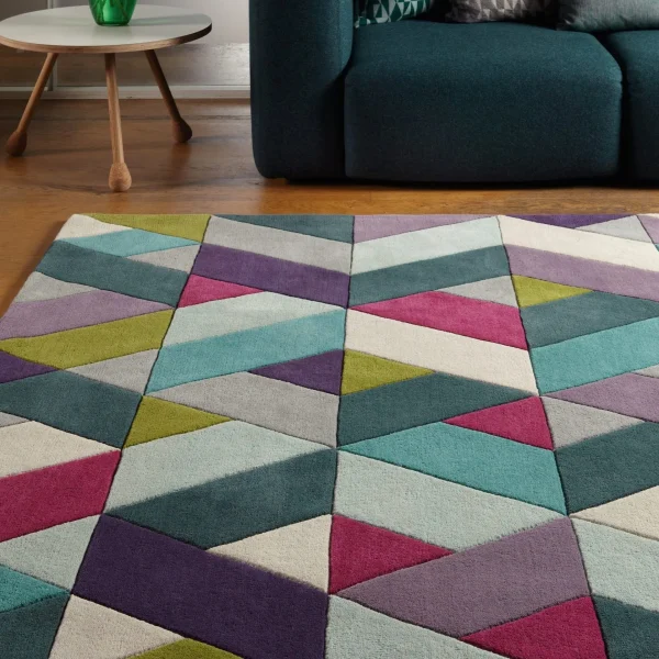 Covor albastru verde din lana noua zeelanda lucrat manual modern model geometric Funk Chevron Blue Green 11 mm 70x200 cm FUNK0702000002