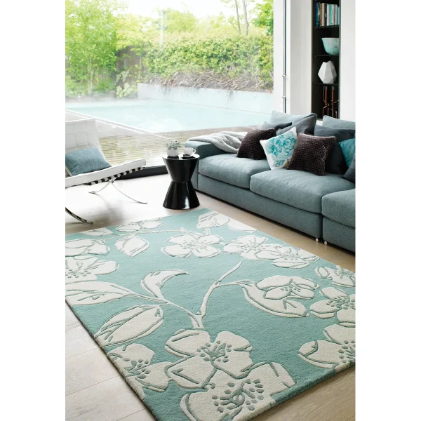 Covor pufos albastru din lână lucrat manual modern model geometric Matrix Devore Blue 11 mm 80x150 cm MATR0801500012