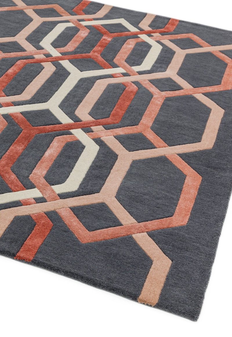Covor pufos gri din lână lucrat manual modern model geometric Matrix Hexagon Charcoal 11 mm 120x170 cm MATR1201700066 - imagine 2