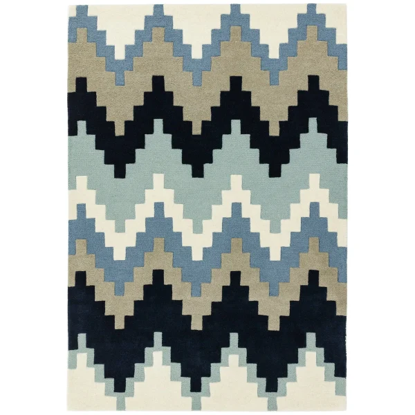 Covor pufos albastru din lână lucrat manual modern model geometric Matrix Cuzzo Blue 11 mm 70x240 cm MATR0702400070