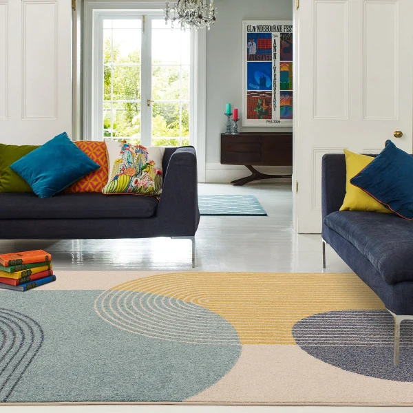 Covor albastru modern model geometric Muse Blue Retro 9 mm 80x150 cm MUSE0801500015