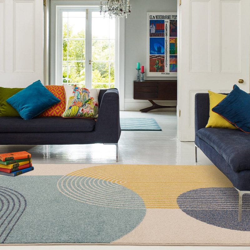Covor albastru modern model geometric Muse Blue Retro 9 mm 80x150 cm MUSE0801500015