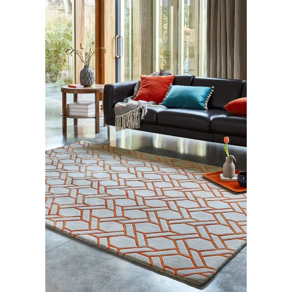 Covor pufos argintiu orange din lână vâscoză lucrat manual modern model geometric Nexus Fine Lines Silver Orange 12 mm 120x170 cm NEXU120170FL01