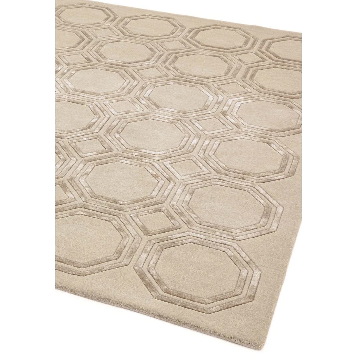Covor pufos bej din lână vâscoză lucrat manual modern model geometric Nexus Octagon Beige 12 mm 120x170 cm NEXU120170OC03