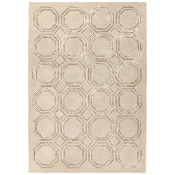 Covor pufos bej din lână vâscoză lucrat manual modern model geometric Nexus Octagon Beige 12 mm 120x170 cm NEXU120170OC03