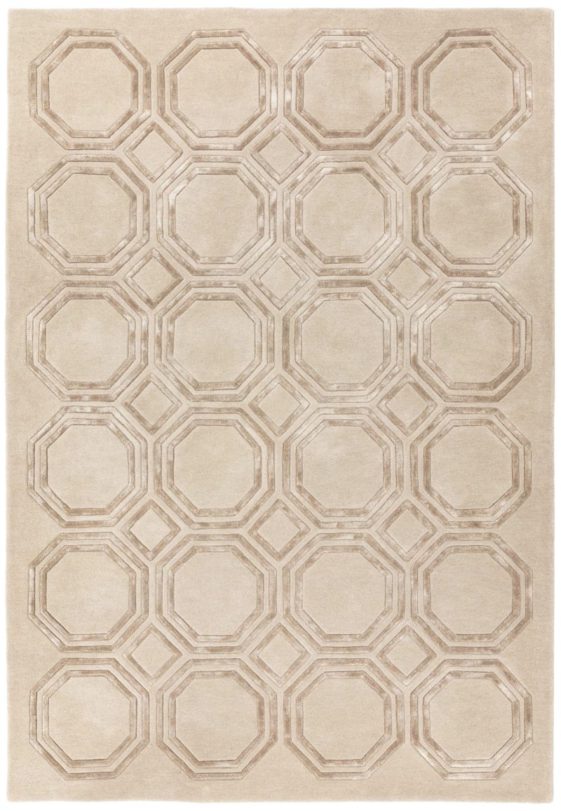 Covor pufos bej din lână vâscoză lucrat manual modern model geometric Nexus Octagon Beige 12 mm 200x290 cm NEXU200290OC03