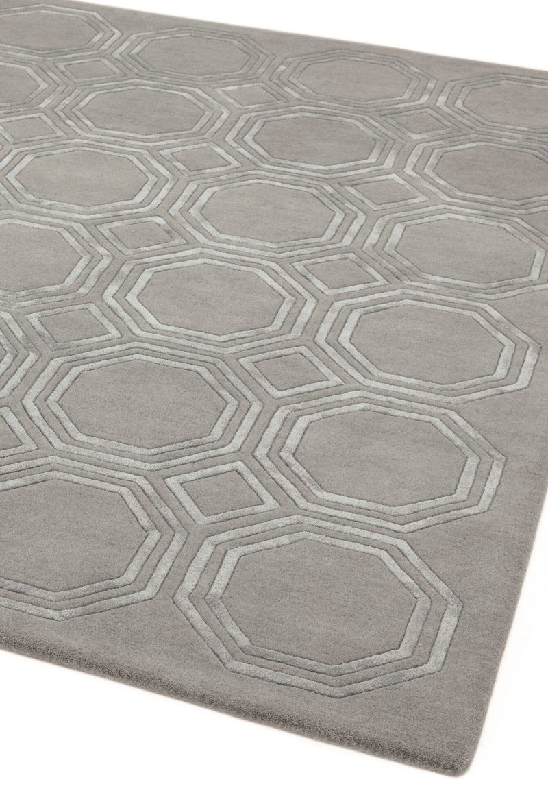 Covor pufos argintiu din lână vâscoză lucrat manual modern model geometric Nexus Octagon Silver 12 mm 160x230 cm NEXU160230OC01 - imagine 2