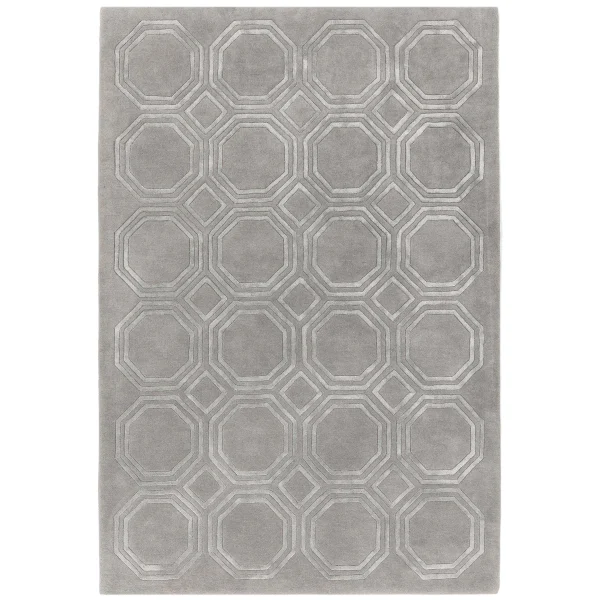 Covor pufos argintiu din lână vâscoză lucrat manual modern model geometric Nexus Octagon Silver 12 mm 120x170 cm NEXU120170OC01