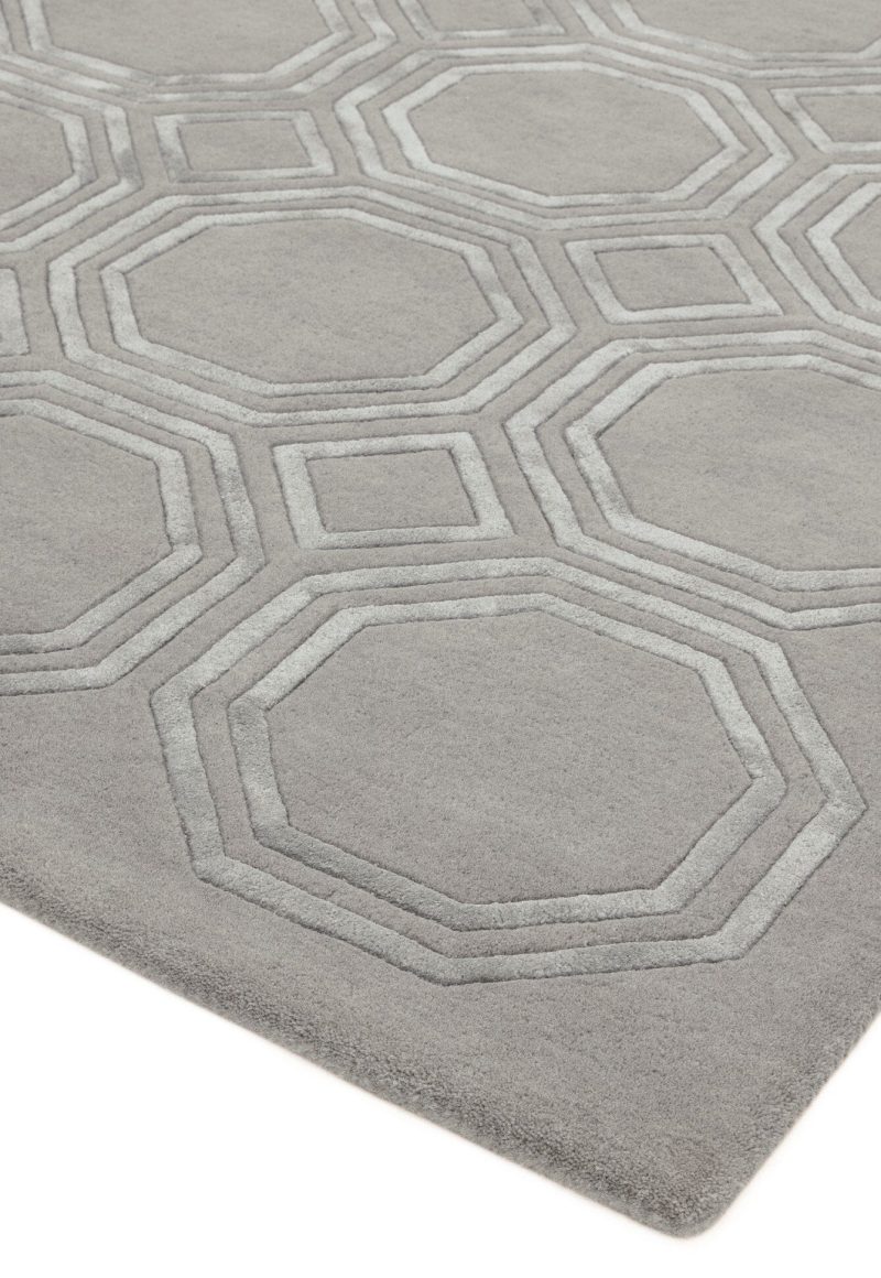 Covor pufos argintiu din lână vâscoză lucrat manual modern model geometric Nexus Octagon Silver 12 mm 160x230 cm NEXU160230OC01 - imagine 3