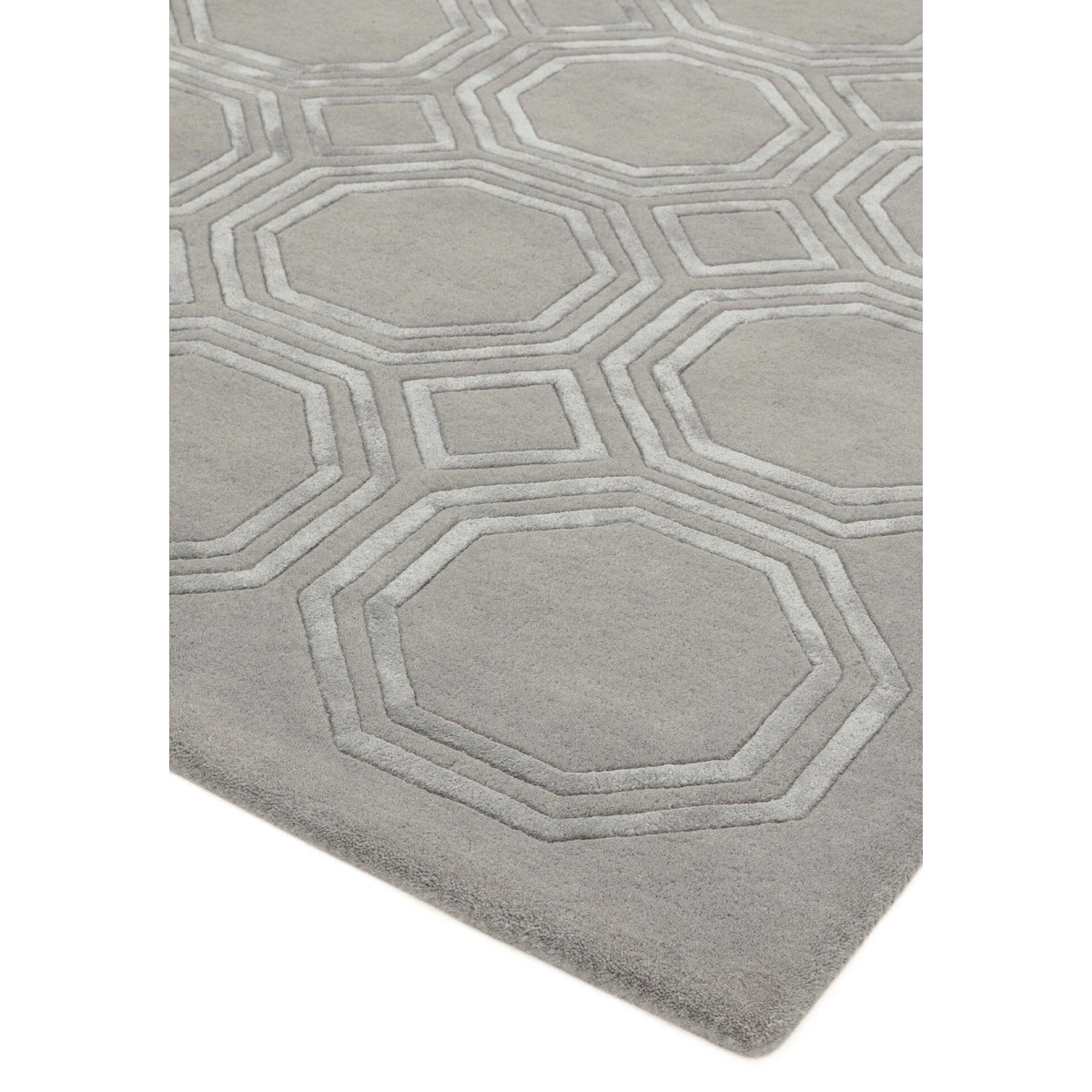 Covor pufos argintiu din lână vâscoză lucrat manual modern model geometric Nexus Octagon Silver 12 mm 120x170 cm NEXU120170OC01