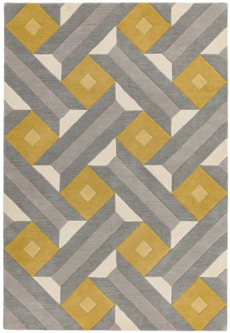Covor pufos din lână lucrat manual modern model geometric abstract Reef Motif Ochre Grey 10 mm 160x230 cm REEF1602300001