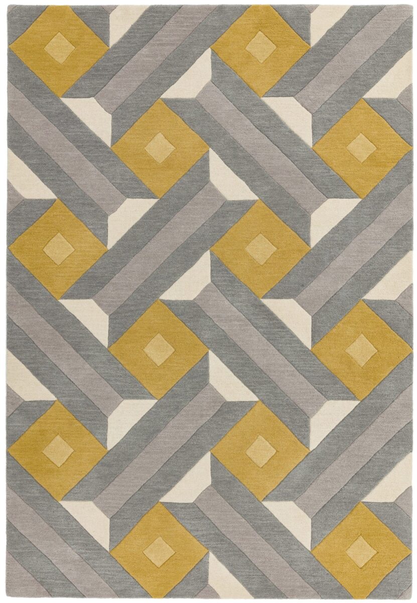 Covor pufos din lână lucrat manual modern model geometric abstract Reef Motif Ochre Grey 10 mm 120×170 cm REEF1201700001