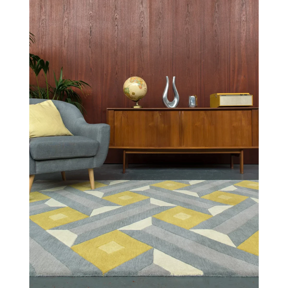 Covor pufos din lână lucrat manual modern model geometric abstract Reef Runner Motif Ochre Grey 10 mm 66x200 cm REEF0662000001