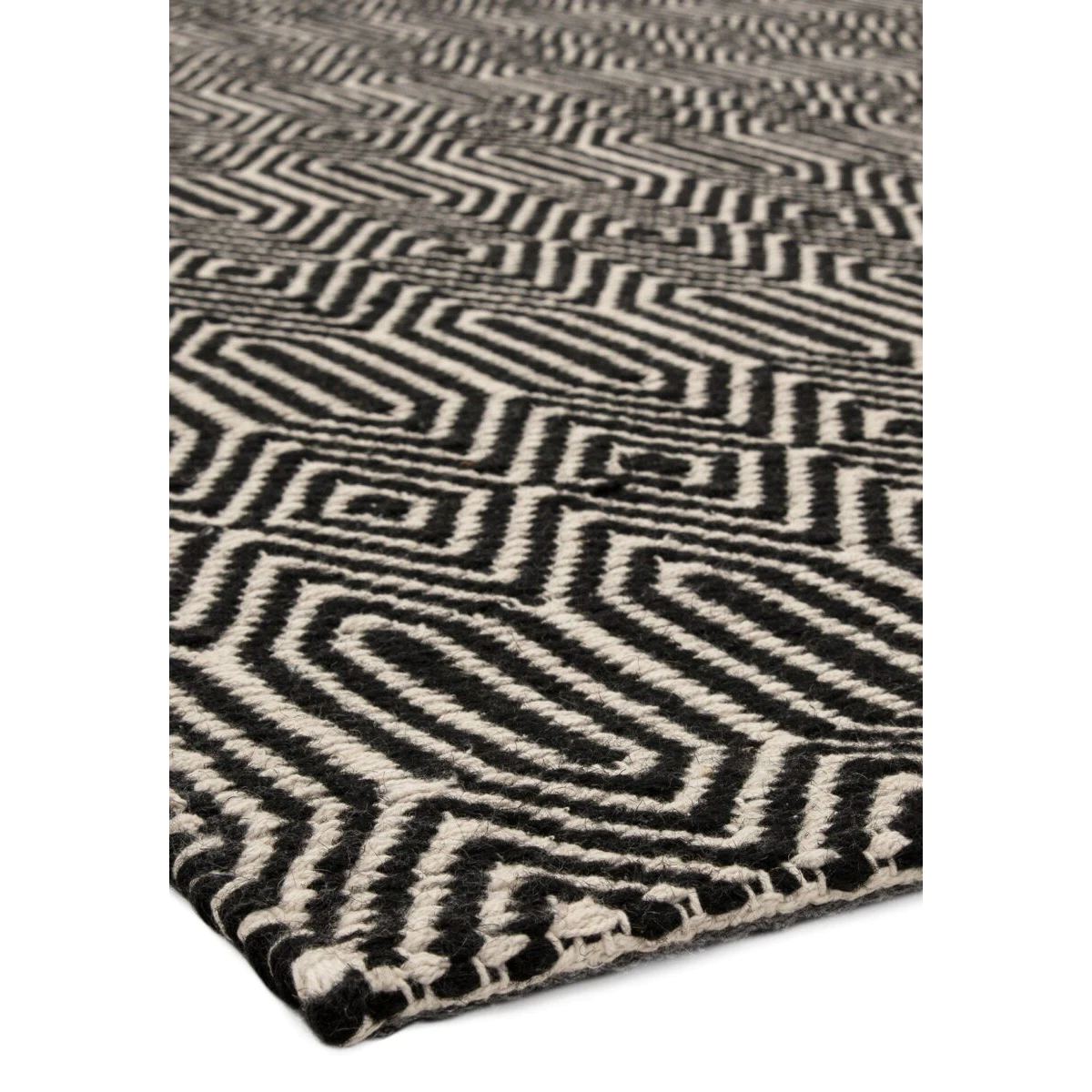Covor negru din bumbac lână lucrat manual modern outdoor model geometric Sloan Black 4 mm 100x150 cm SLOA100150BLAC
