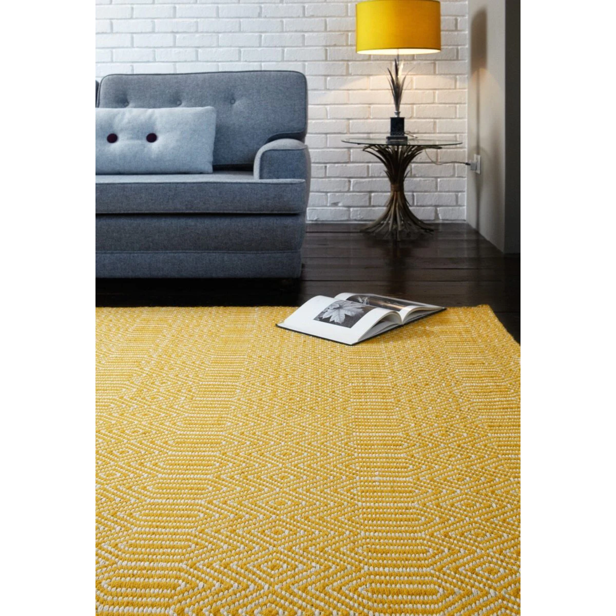 Covor mustar din bumbac lână lucrat manual modern outdoor model geometric Sloan Mustard 4 mm 160x230 cm SLOA160230MUST