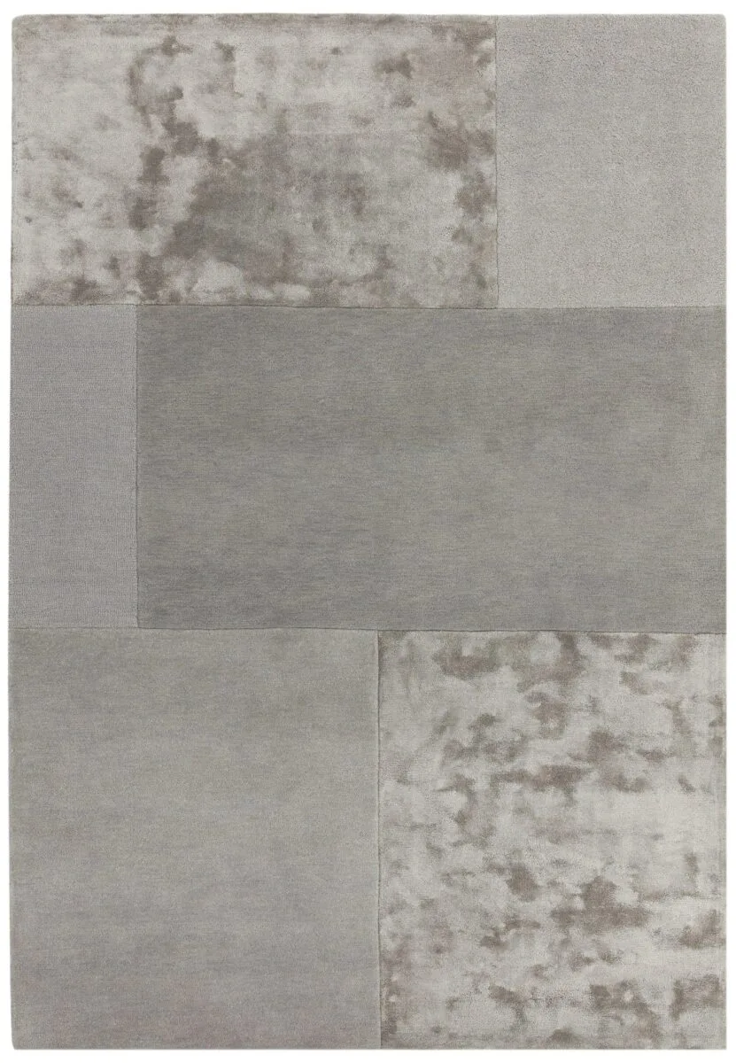 Covor argintiu din lână vâscoză lucrat manual modern model geometric Tate Silver 9 mm 200×290 cm TATE200290SILV