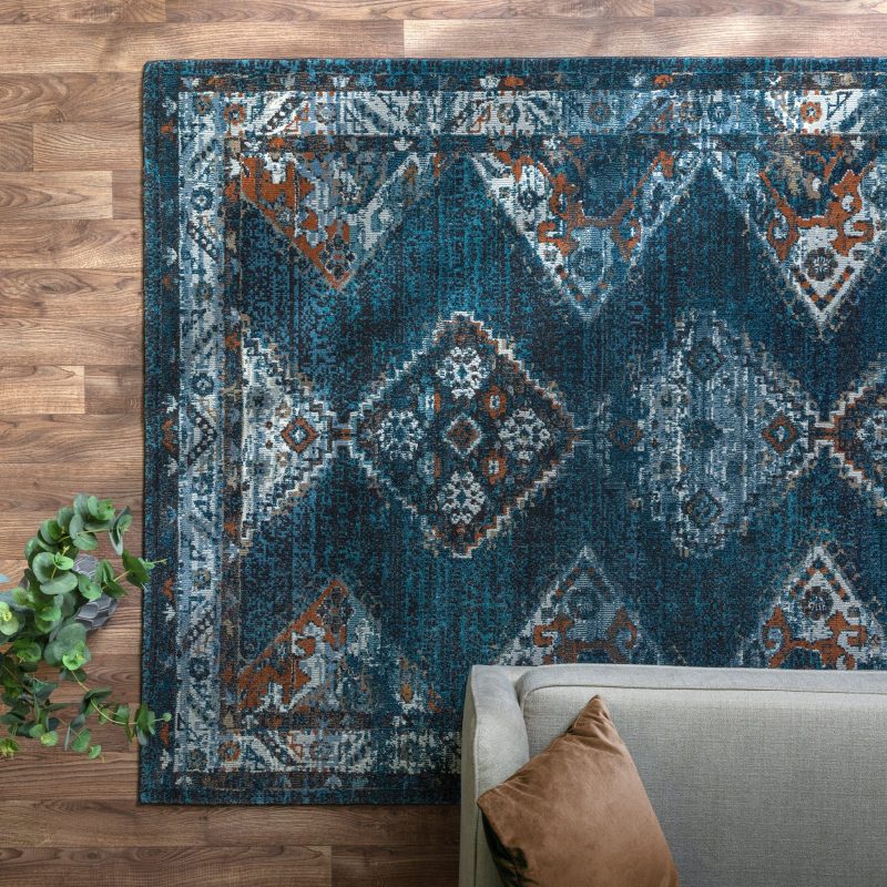 Covor living turcoaz geometric, decor living Zola Kian 33 mm 195x290 cm