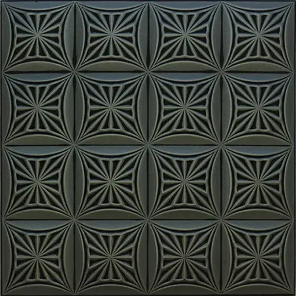 Plăci decorative tavan model Retro 81, fabricate din polistiren, dimensiuni 50x50 cm, design geometric cu stele și romburi în relief, nuanțe de negru cu accente argintii, pachet pentru 22 mp. Caracteristici cheie: • Model geometric complex cu stele și romburi încadrate • Dimensiuni practice de 50x50 cm pentru montaj facil • Proprietăți de izolare termică și fonică • Material rezistent ce își menține aspectul în timp Tavan fals decorativ Retro 81 C-S negru cu argintiu 50x50 cm 22 mp/pachet Material: polistiren