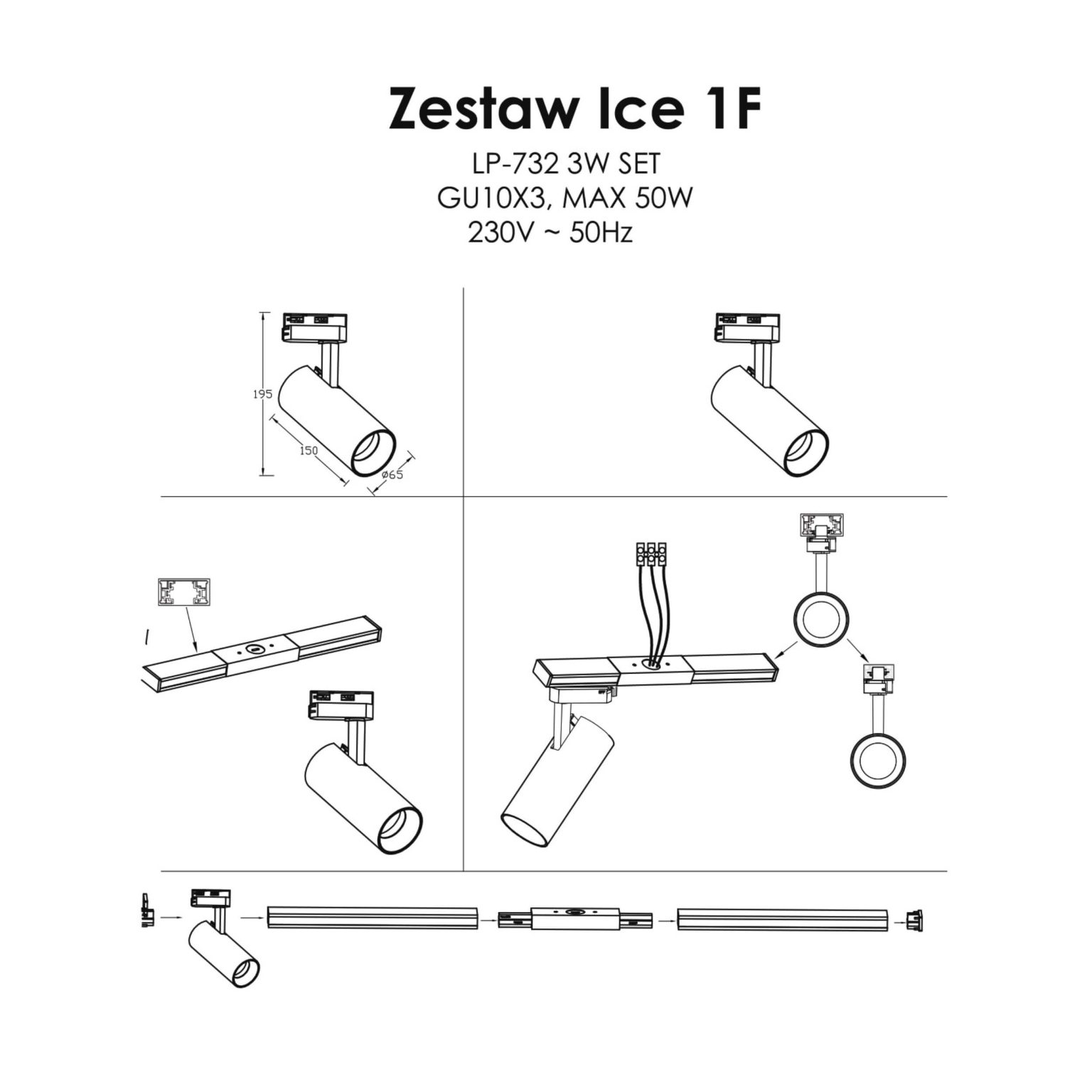 Set iluminat șină 1F alb 3xGU10, sistem complet, Ice Light Prestige