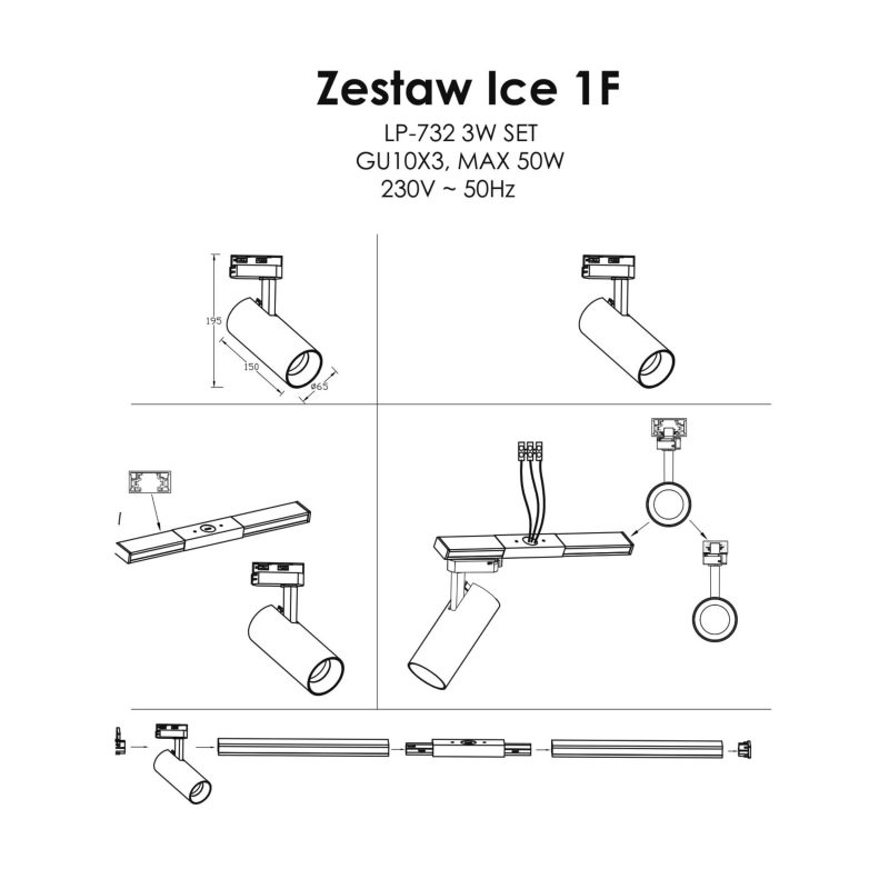 Set iluminat șină 1F alb 3xGU10, sistem complet, Ice Light Prestige