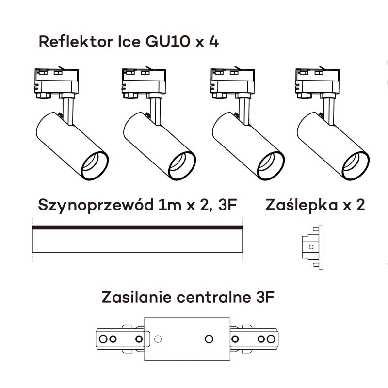 Set iluminat șină 3F alb, 4xGU10, complet cu spoturi, Ice Light Prestige