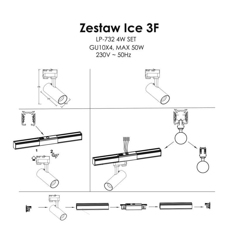Set iluminat șină 3F alb, 4xGU10, complet cu spoturi, Ice Light Prestige