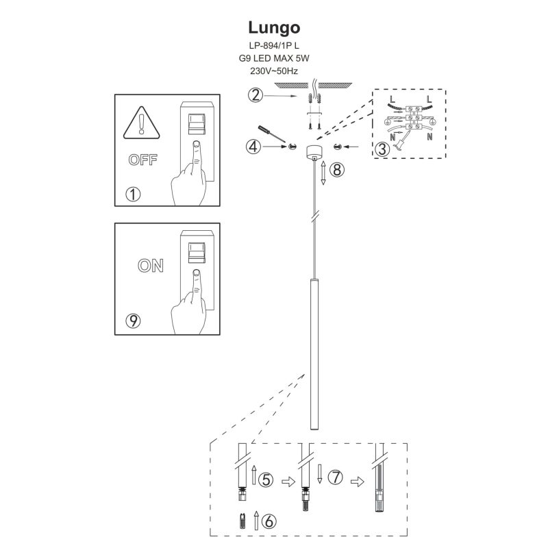 Lampă suspendată Lungo 1 neagră 1xG9 Light Prestige