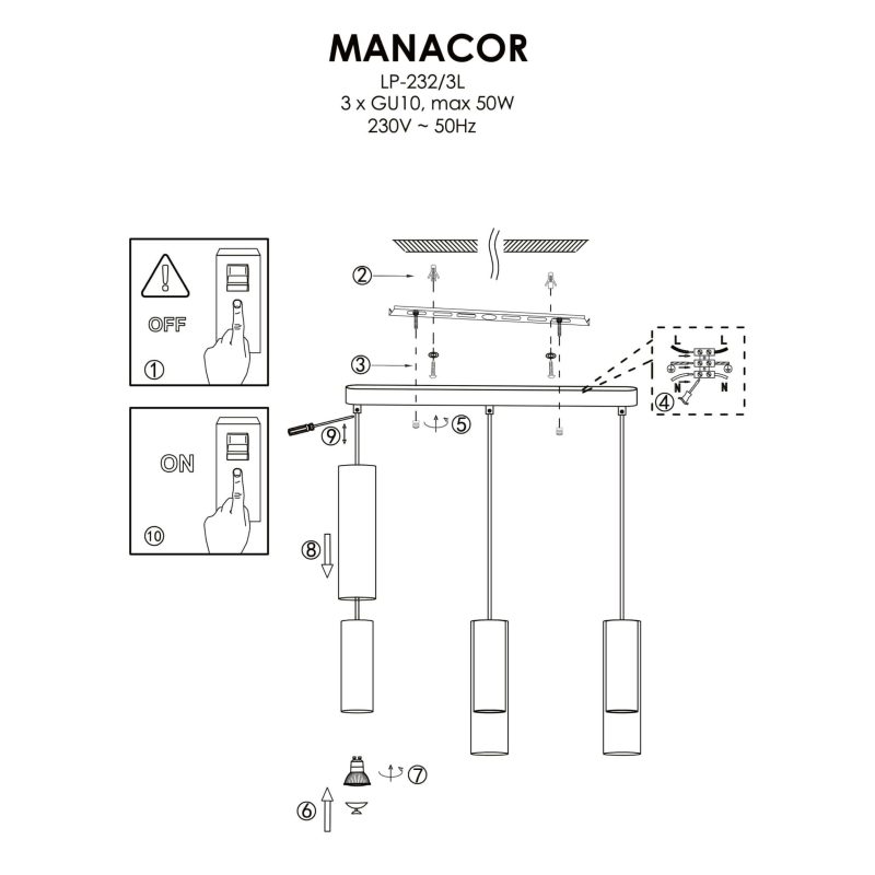 Lampă suspendată neagră 3xGU10, design simplu, Manacor Light Prestige - imagine 4