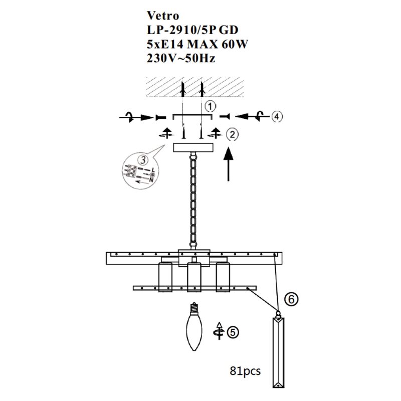 Lampă suspendată auriu antic 5xE14, design clasic, Vetro Light Prestige