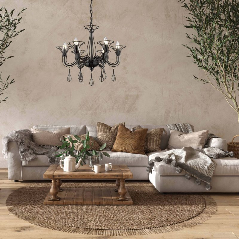 Lampă suspendată neagră 6xE14, design simetric, Tarragona Light Prestige