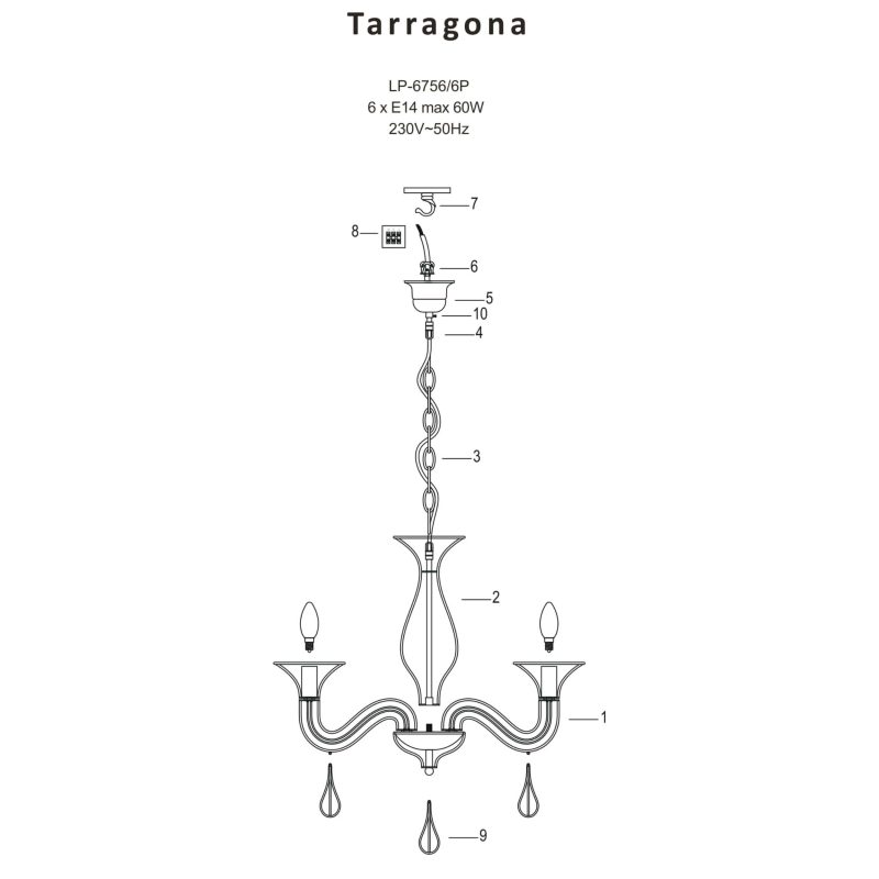 Lampă suspendată neagră 6xE14, design simetric, Tarragona Light Prestige