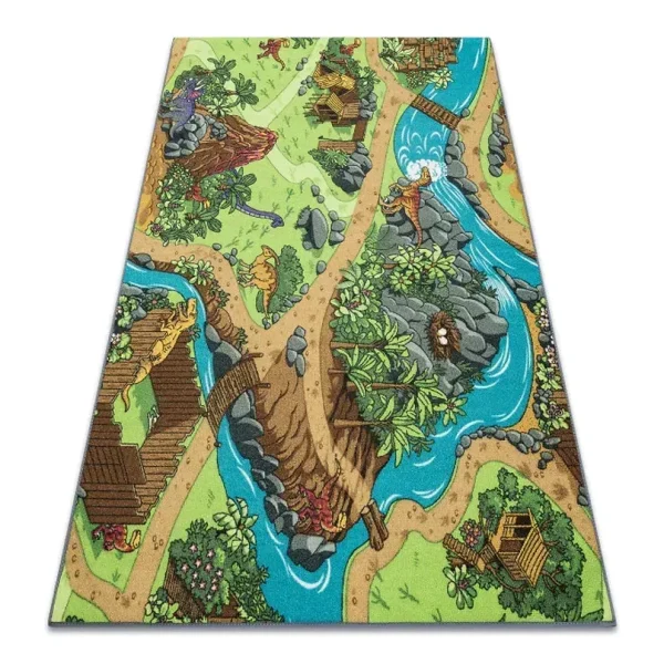 Covor pentru copii cu dinozauri, gri verde 95×200 cm, REBEL ROADS Dino World