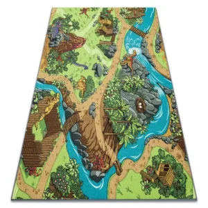 Covor pentru copii cu dinozauri, gri verde 95×200 cm, REBEL ROADS Dino World