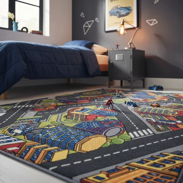 Covor pentru copii cu design urban anti-alunecare, 95×200 cm, REBEL ROADS Urban life 97
